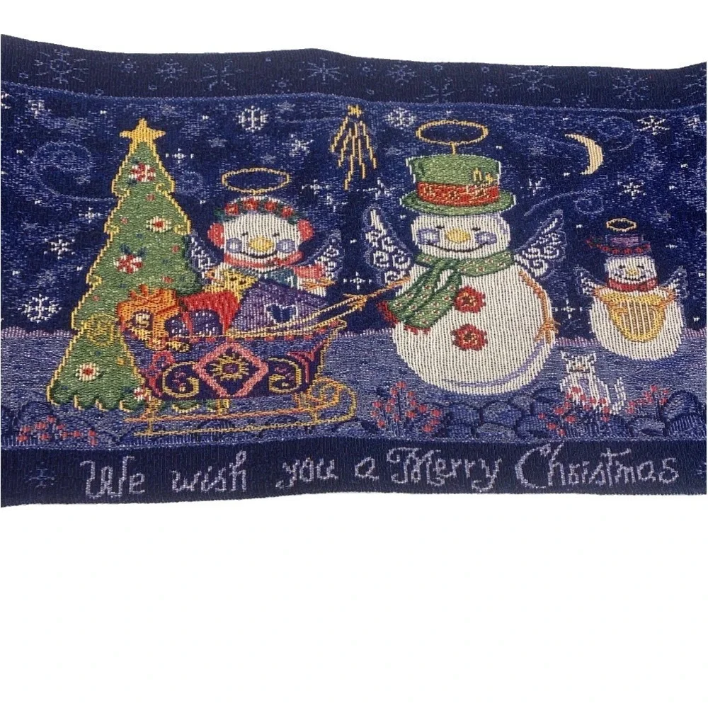 Table Runner Christmas Blue Woven Tapestry Snowman Holiday Decor 72 Inch